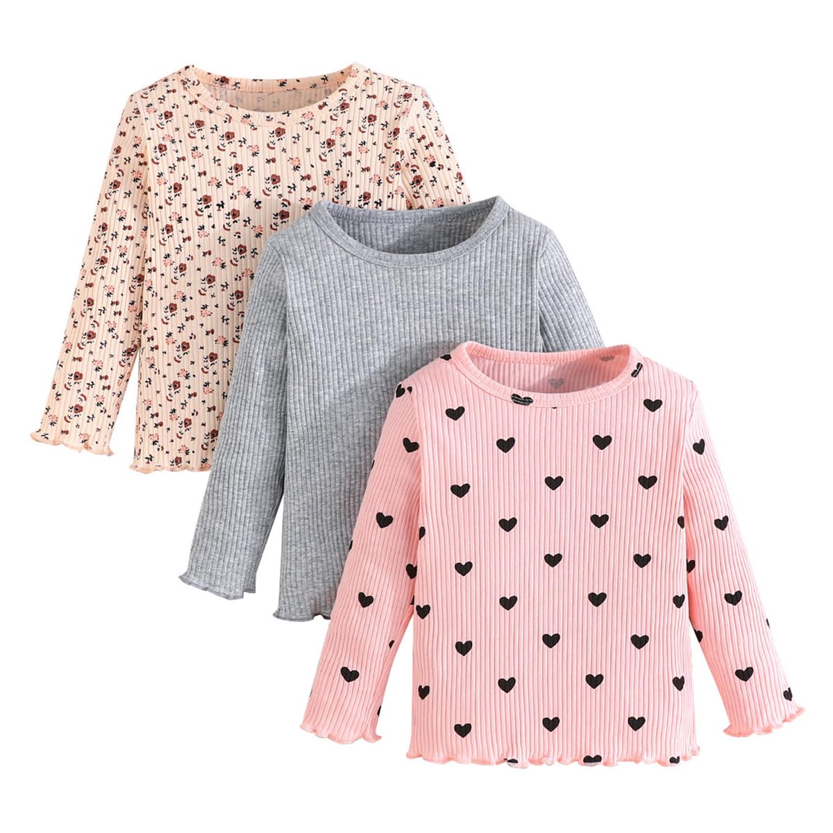 Pack de 3 Niña Camisetas Manga Larga Puños con Volantes T-Shirts Cuello Redondo Tops Básicos para Niños 3-7 años