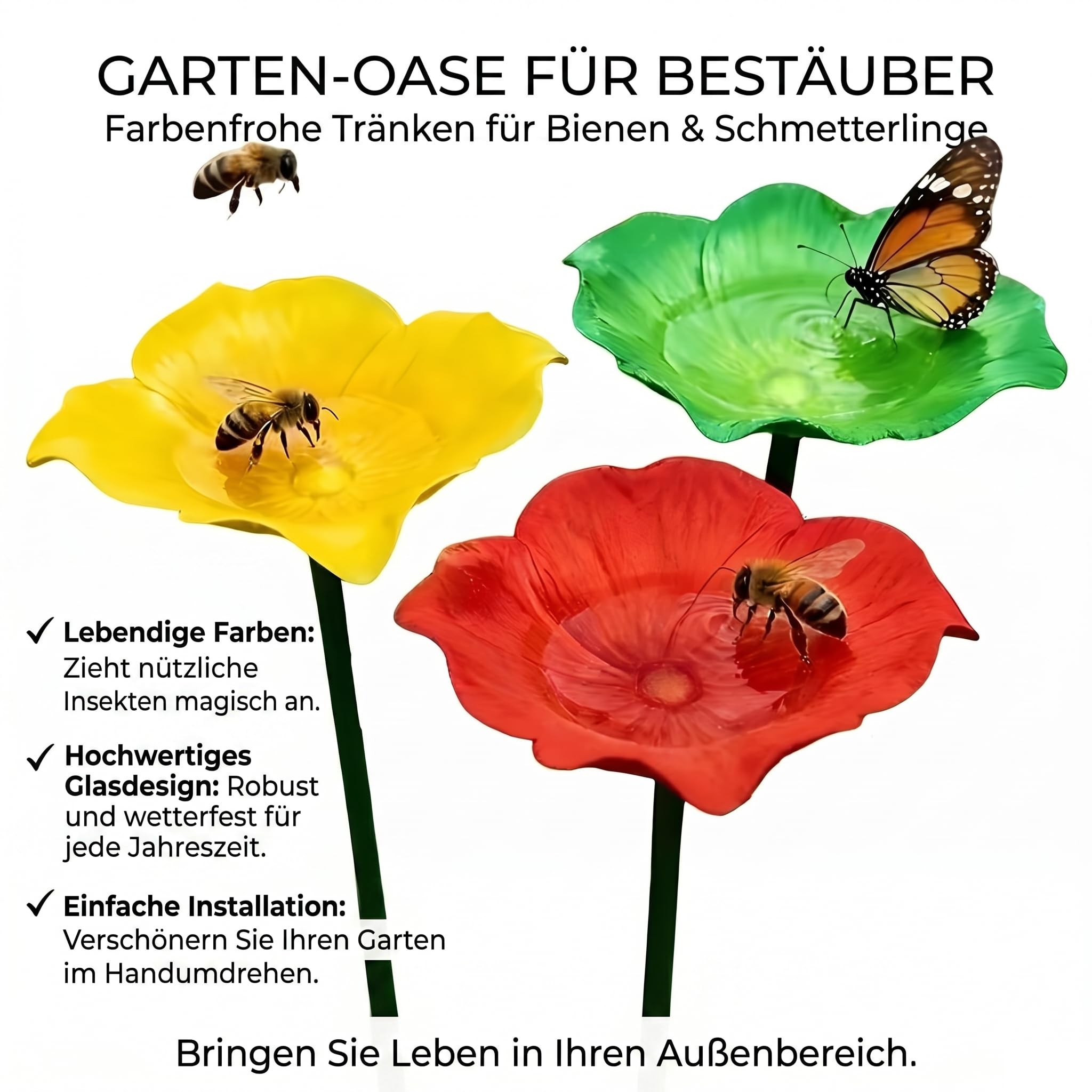 Futterstation Vögel 3 Stück Vogeltränke Winterfest,Insektentränke Blumes Für Den Garten,Vogeltränke Metall Gartenstecker,Bienentränke Gartens Für Bienens,Futterschale, Für Rasen