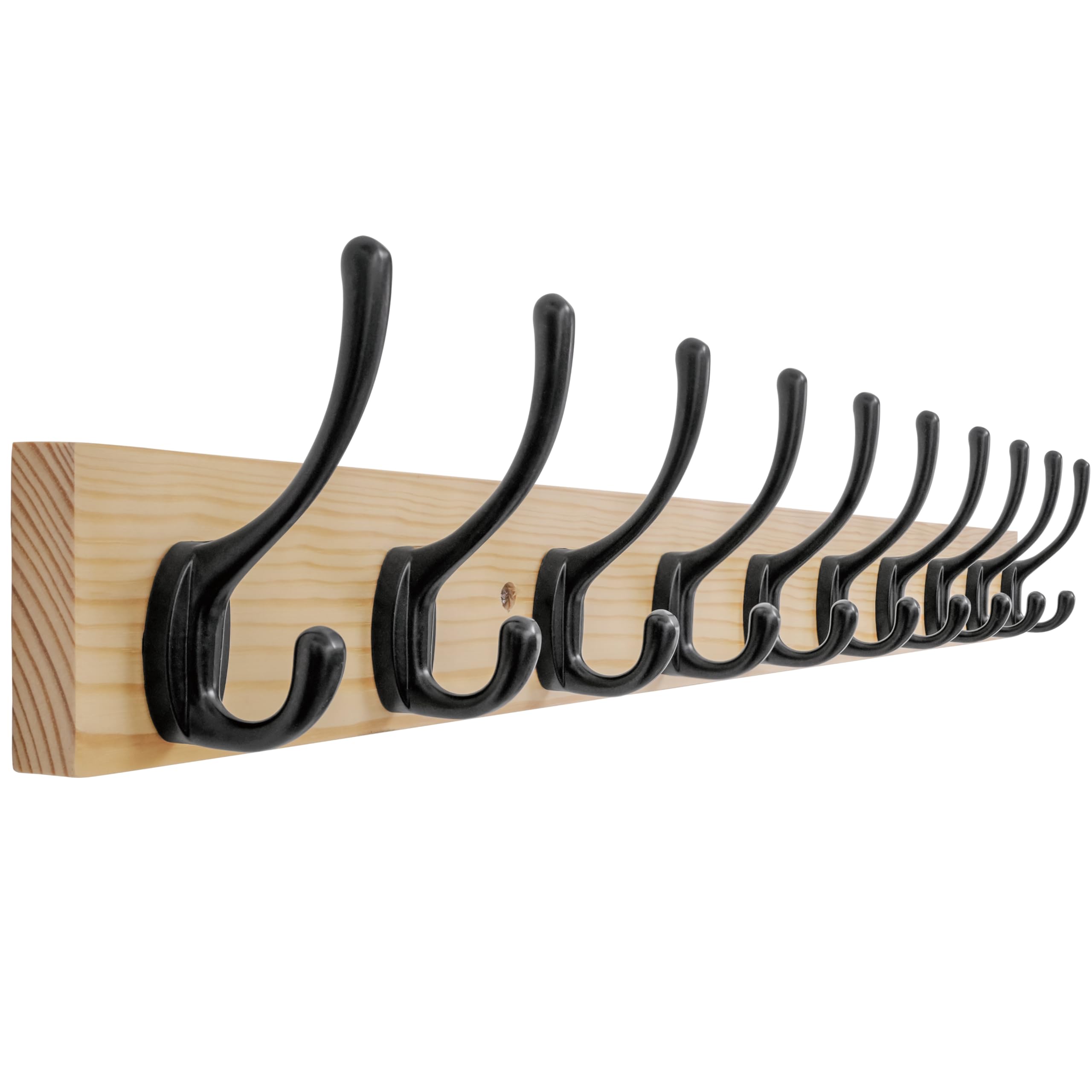 SKOLOO Solid Pine Wood Wall Mounted Coat Hooks, 71cm Long, 10-Hook Modern Entryway Organizer with 16" Stud Installation, for Hallway, Bathroom, Kitchen (Natural Wood & Black Hooks)​