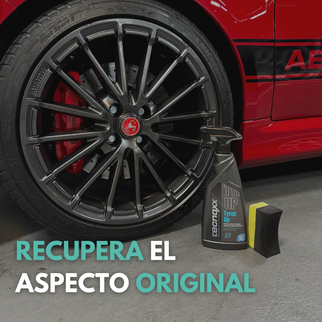 Tecnoxx Tyres Up - Abrillantador e Hidratador de Neumáticos y Gomas - Protección UV, Brillo Intenso y Resultado Instantáneo - Esponja Aplicadora Incluida - Envase Grande 750 ml con pulverizador