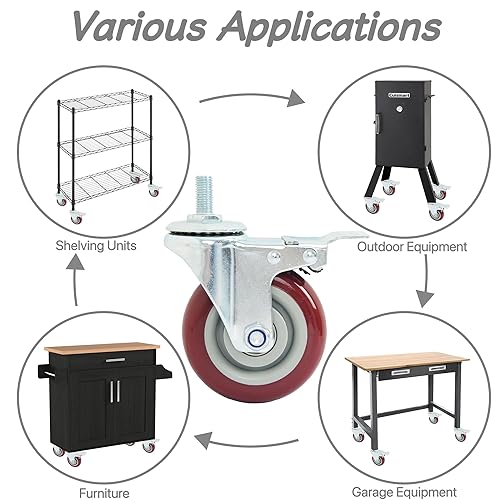 Miniatura 5 de Finnhomy Ruedas giratorias de 4 pulgadas, juego de 4 ruedas de vástago roscado resistentes de 12"-13" x 1" con freno de poliuretano ruedas de