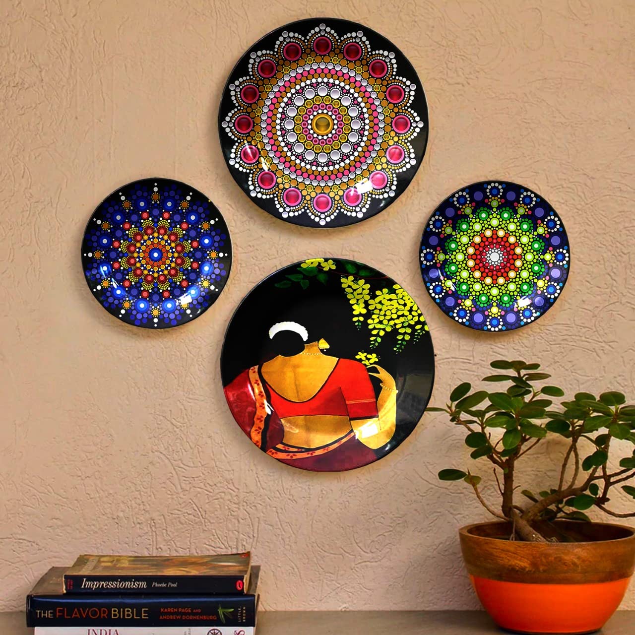 JIKRAA® Indian Traditional Art Ceramic Decorative Designer Wall and Table Top Plate/Platter with Stand and Hook - Combo Design 9 (Set of 4 Plates; 2 X 10 Inch, 2 X 8 Inch)
