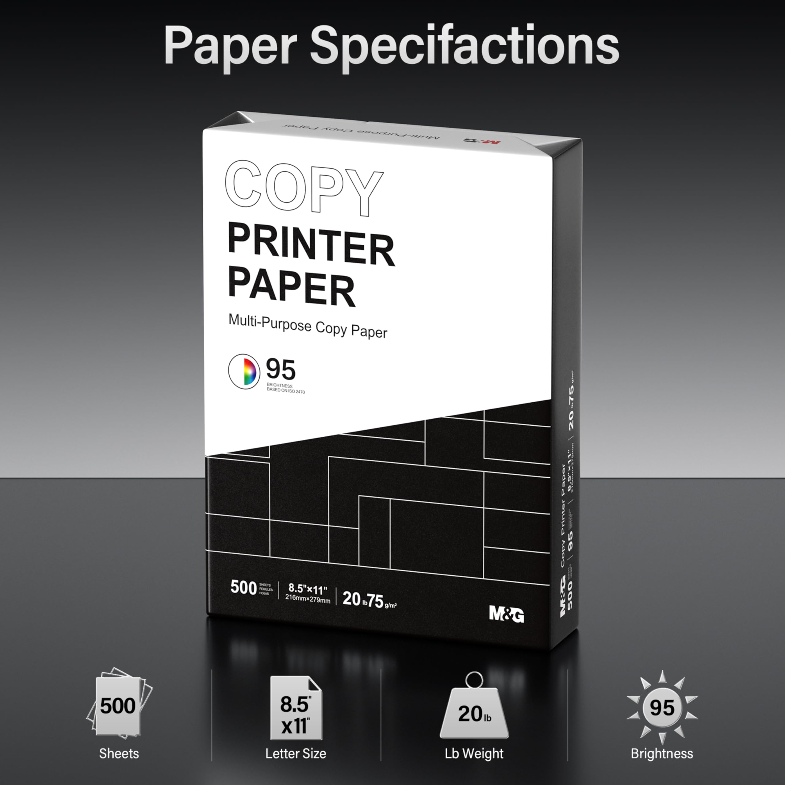 M&G Mehrzweck-Kopierpapier, 8,5 x 11, 9 kg, 3 Ries (1500 Blatt), 95 hell, Weiß