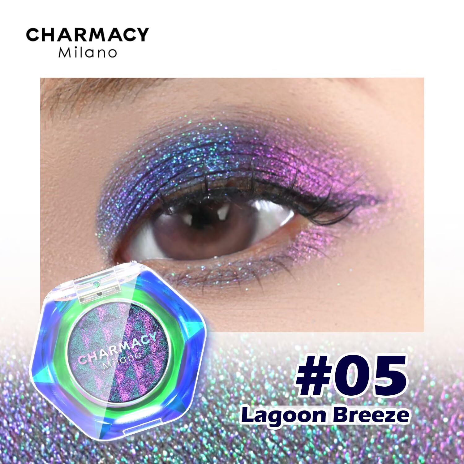 CHARMACY Multichrome Glitter Eyeshadow, Intense Pigmentation Chameleon Sparkling Eyeshadow, Bright Highlighter Duochrome Eye Make Up, Multi-Reflective Finishes Glitter Metallic Eye Makeup #05: 102-Ocean Mirage 0.04 Ounce (Pack of 1)