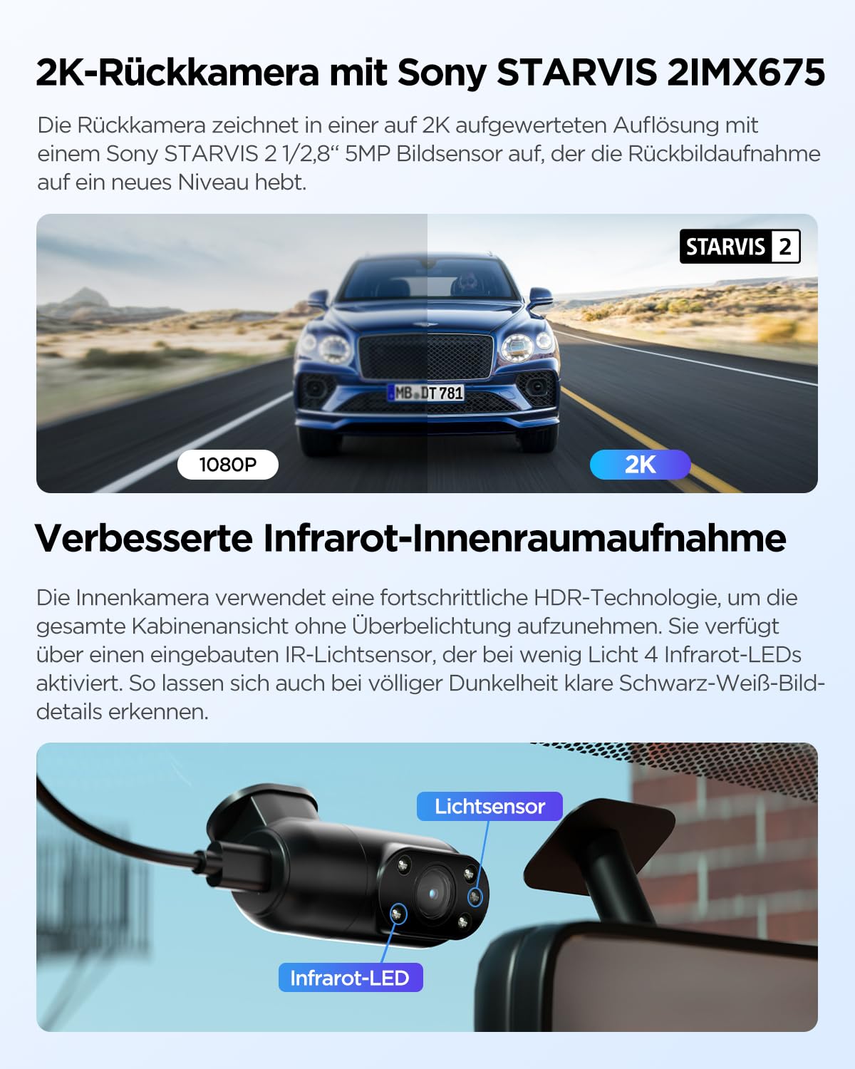 VIOFO A229 Plus 3 Lens 2K + 2K + 1080P, Dual STARVIS 2, HDR Vorne hinten Dashcam Auto, Sprachsteuerung & 5GHz Wi-Fi WLAN Autokamera, Ultrapräzises GPS, Super Nachtsicht 2.0, Sprachausgabe, 512 GB Max