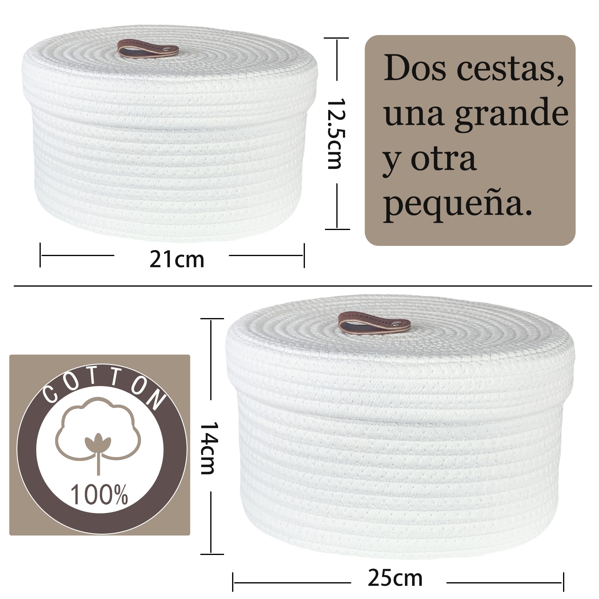 2 cestas redondas de almacenamiento de cuerda de algodón con tapa, cestas decorativas tejidas con tapa, diseño de mango de piel, cesta redonda con tapa (25 x 14 cm/21 x 12.5 cm)
