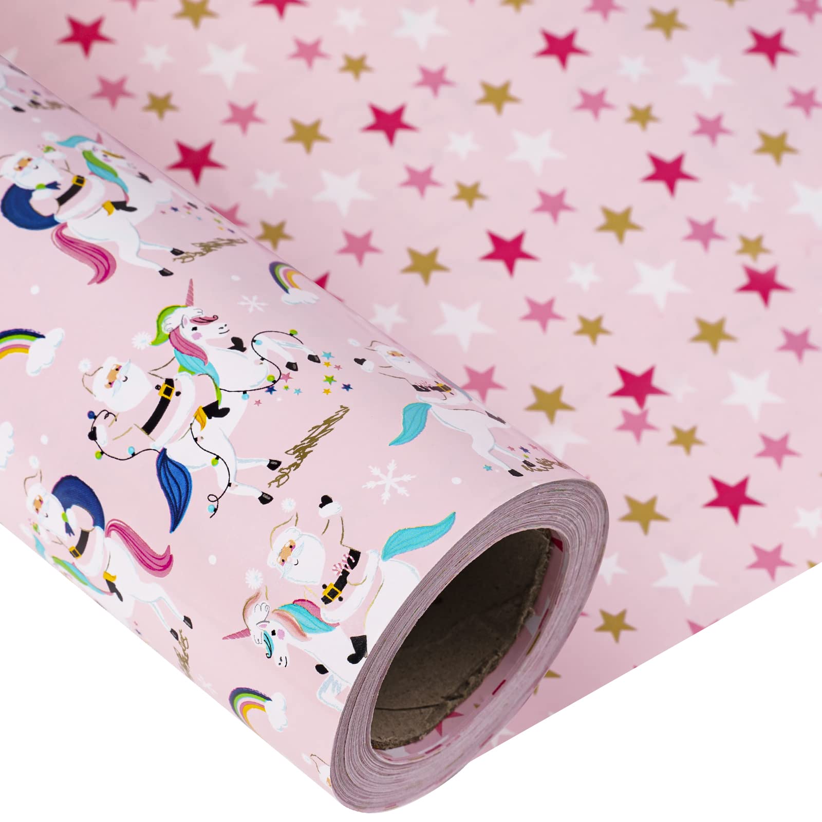 LeZakaa Pink Wrapping Paper Roll, Santa Cla & Candy Cane, Metallic Foil, Gold Foil Reversible Design Festive Winter Holiday, Family, 17 Inches X 32.8 Feet P 245518107 - View #3