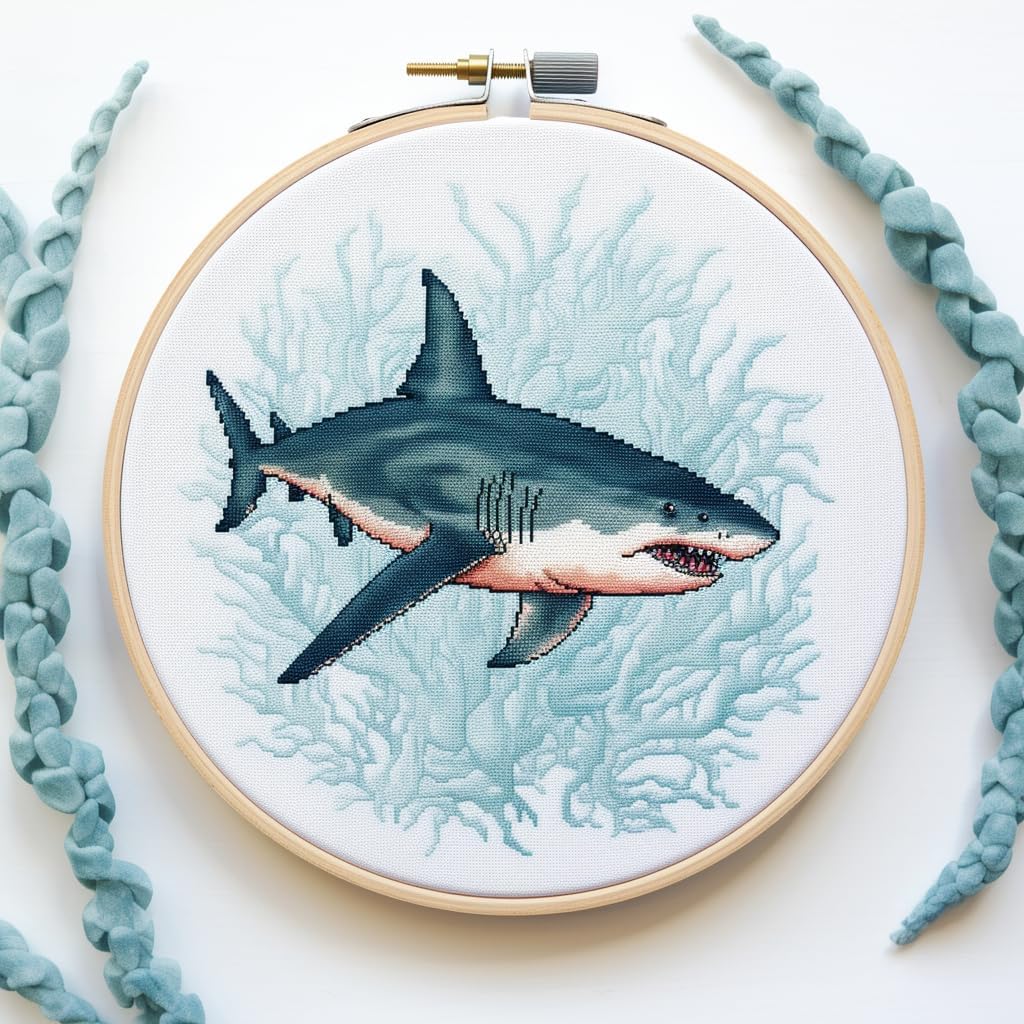 Shark Round Shape Stamped Cross Stitch Kits for Beginners Easy with Hoop 11CT Needlepoint Embroidery DIY Counted Cross Stitch Kits Art Craft Wall Decoration 35x35cm(1)