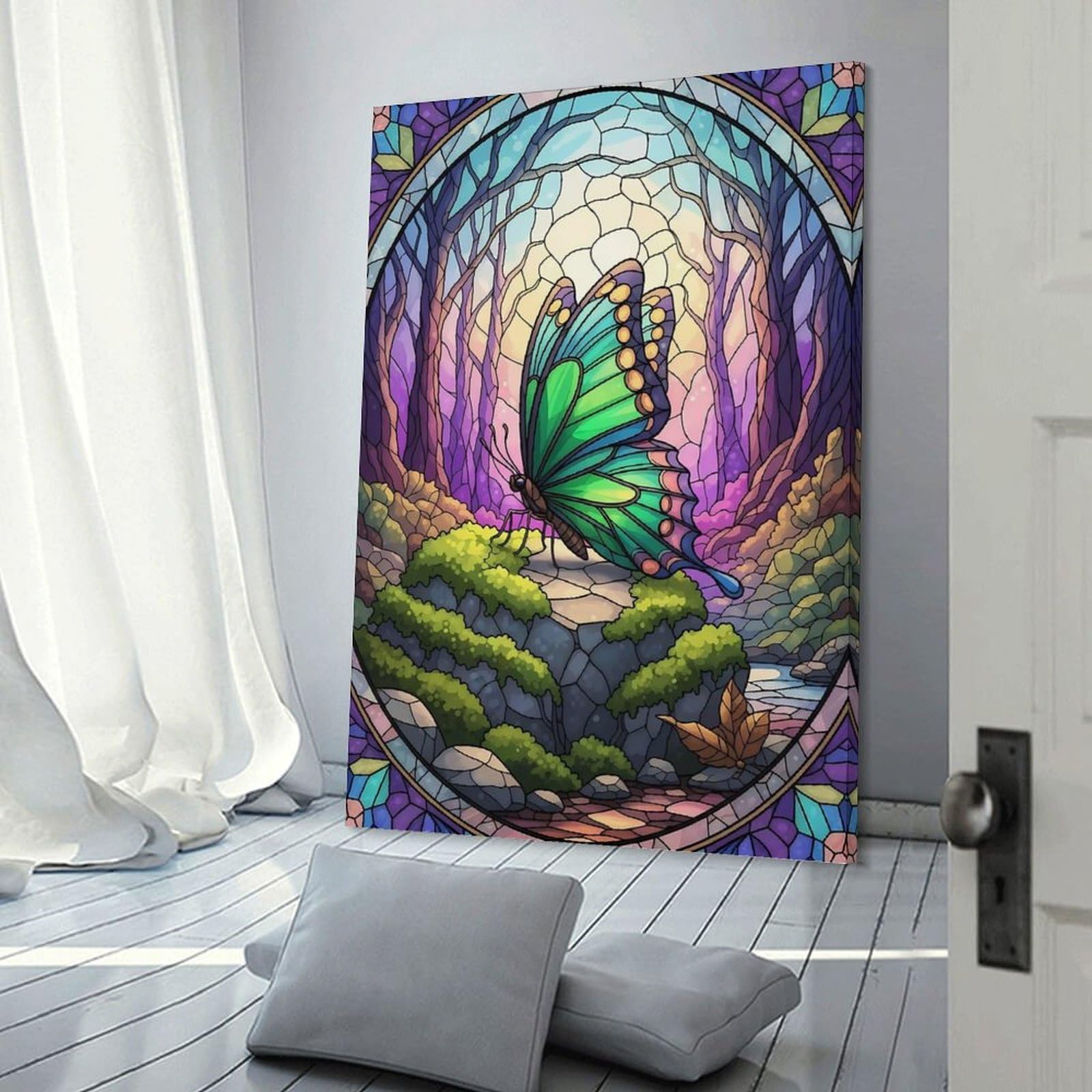Junmoney Frame-Style-21 Stained Glass Butterfly In Forest Scene Canvas Wall Decor, 24X36inch(60X90cm), For Gallery Wall Decor And Room Displays, Wall Decor Suited To Curated Displays