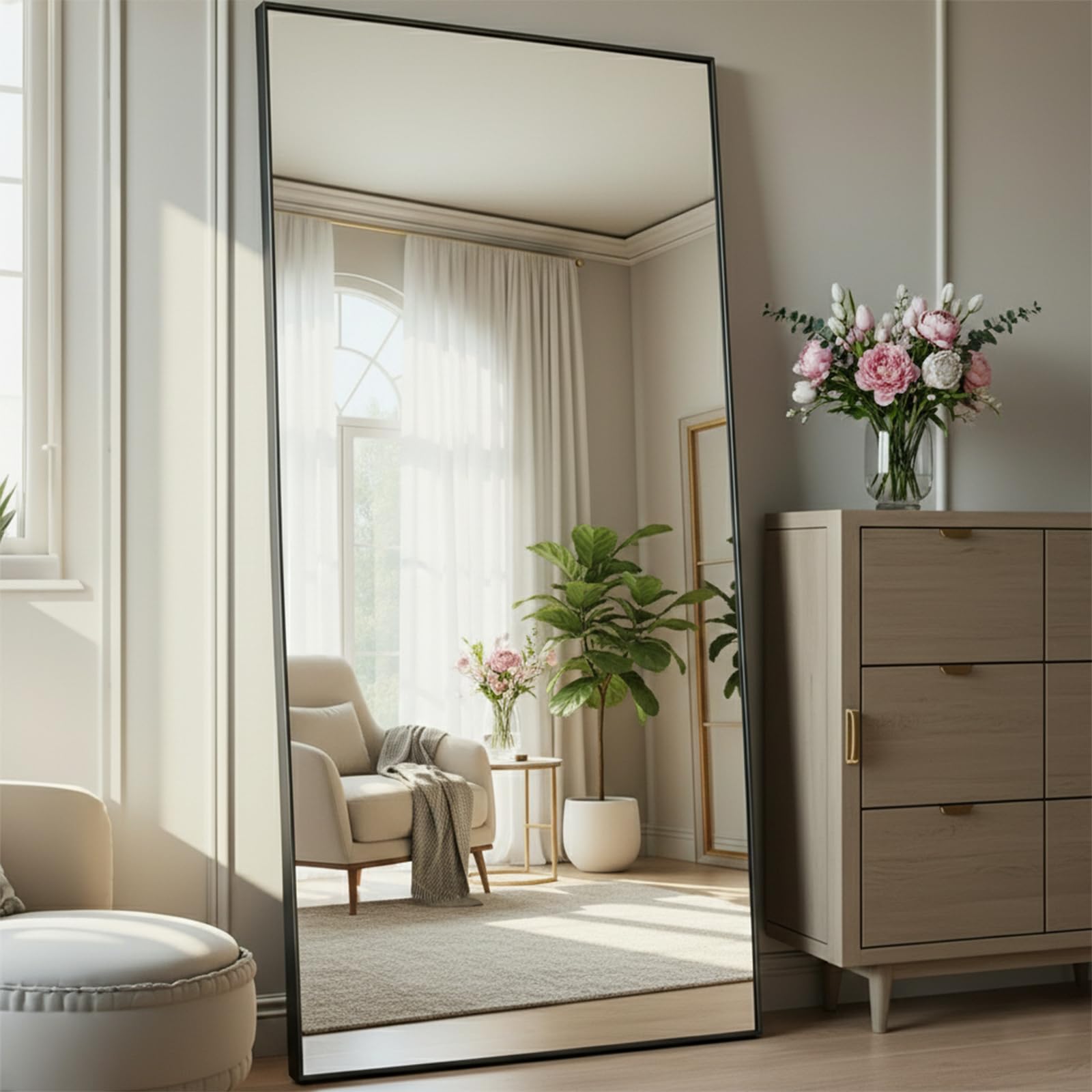 Aplancee Ganzkörperspiegel Standspiegel 190x85 cm, Großer Bodenspiegel zum Anlehnen oder Aufhängen, Rechteckig HD-Spiegel für Ankleidezimmer Schlafzimmer Wohnzimmer, Schwarz