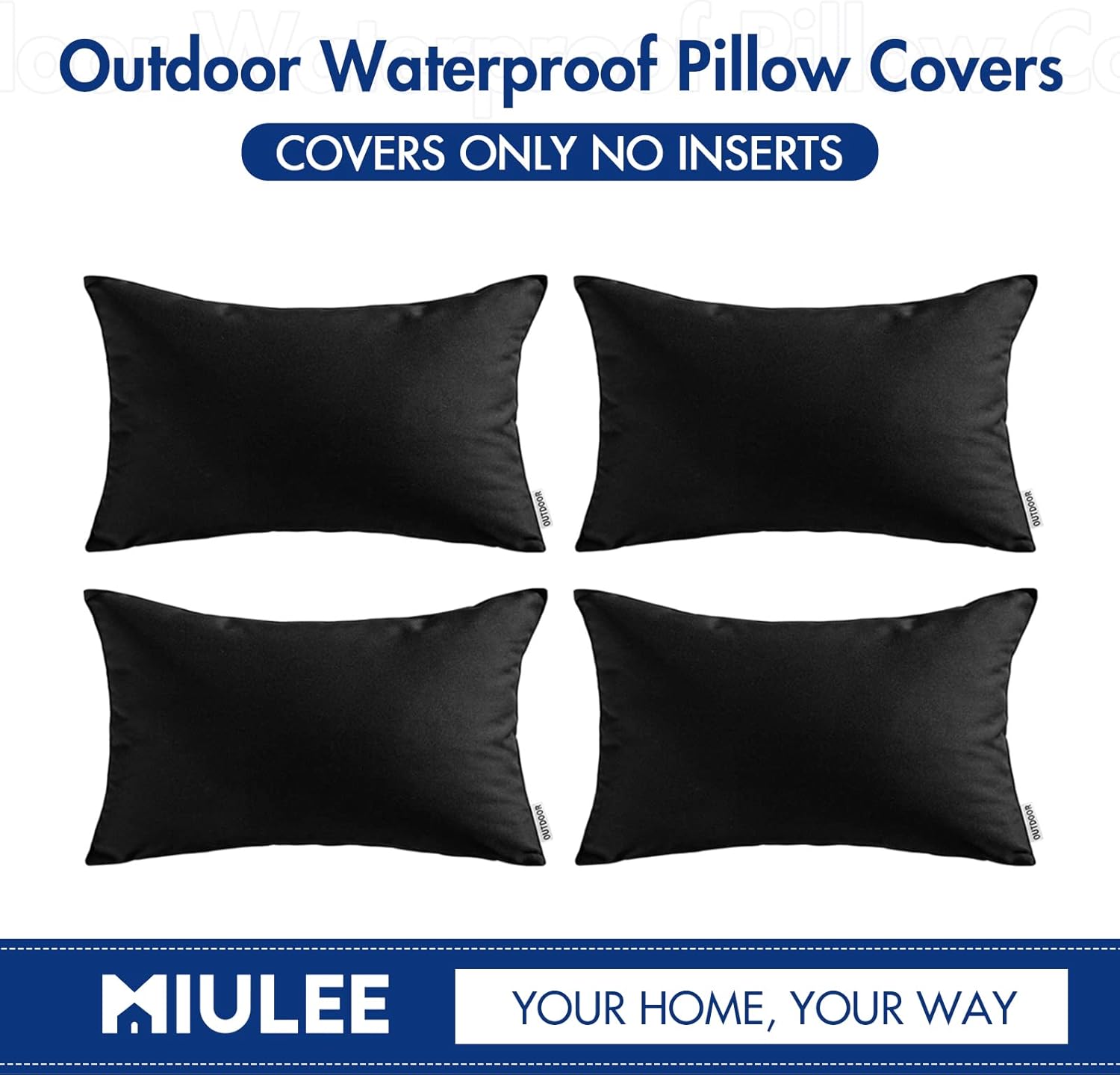 MIULEE Pack of 4 Decorative Outdoor Waterproof Summer Pillow Covers Square Garden Cushion Cases PU Coating Throw Pillow Cover Shell for Tent Park Couch 12x20 Inch Black