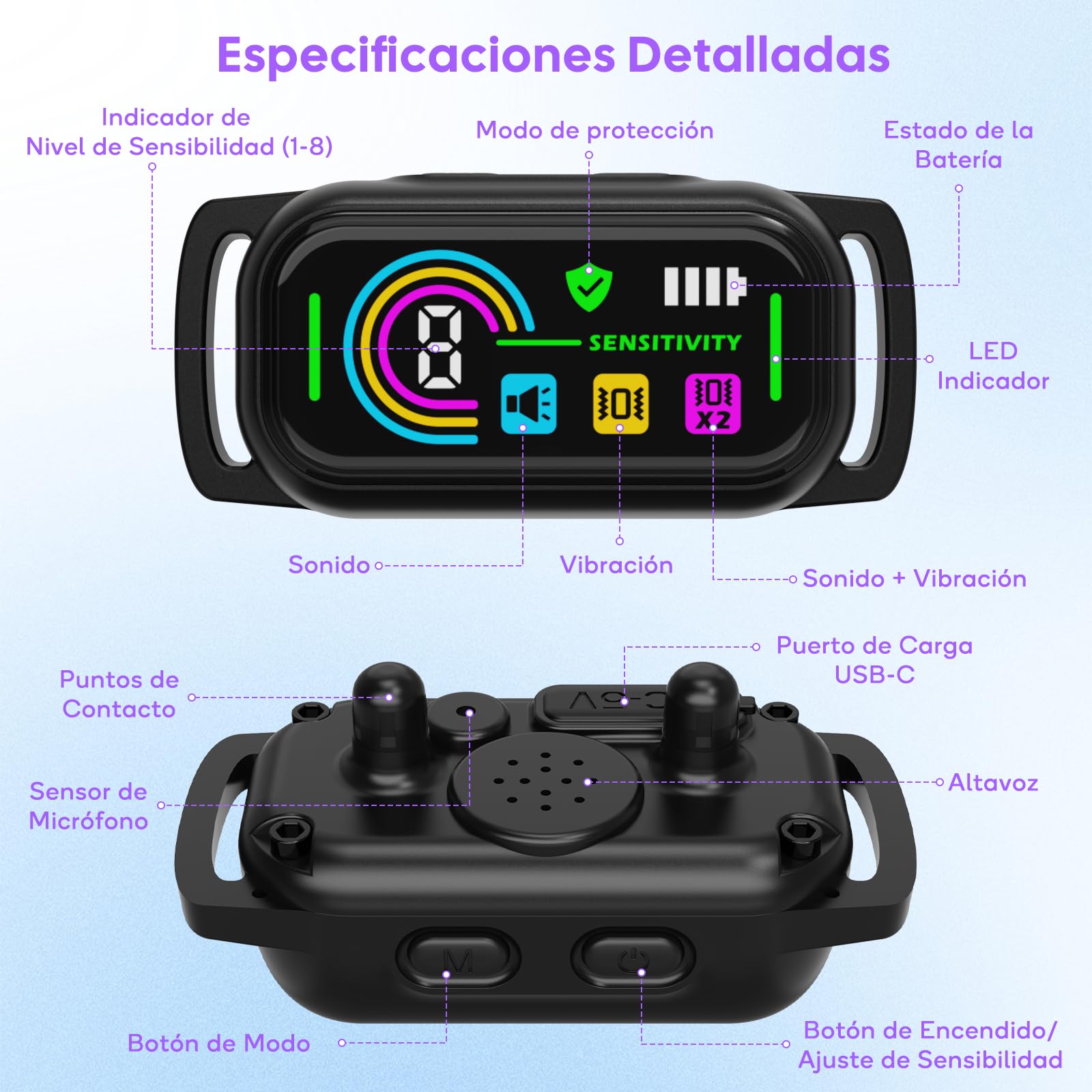 Collar Antiladridos para Perros, Antiladridos y Antiaullidos para Perros, 4 Modos de Vibración/Sonido, Impermeable IP67, Dispositivo Recargable para Detener los Ladridos Grande Mediano Pequeño