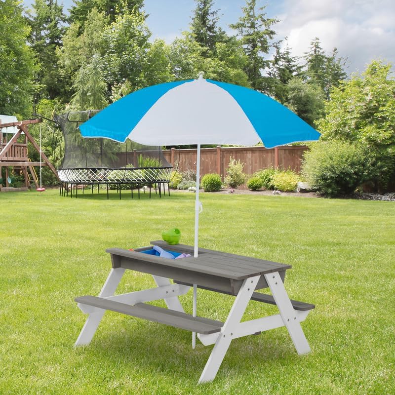 3-in-1 Kids Outdoor Wooden Picnic Table with Umbrella, Convertible Sand Water Play Station for Patio Garden