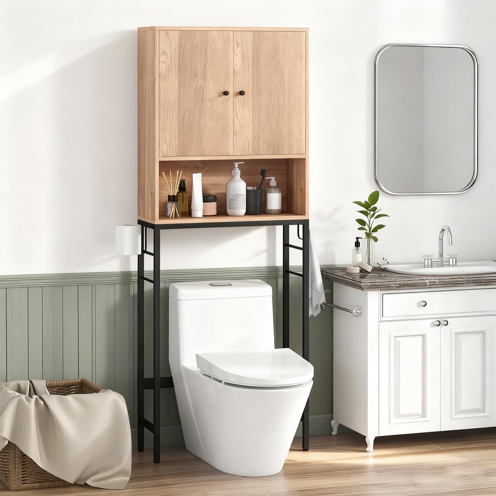 Over The Toilet Storage Cabinet, Bathroom Space Saver W/Toilet Paper Holder & Hook, Adjustable Shelf & Bottom Bar, Open Storage Cube, Over Toilet Bathroom Organizer for Laundry, Restroom