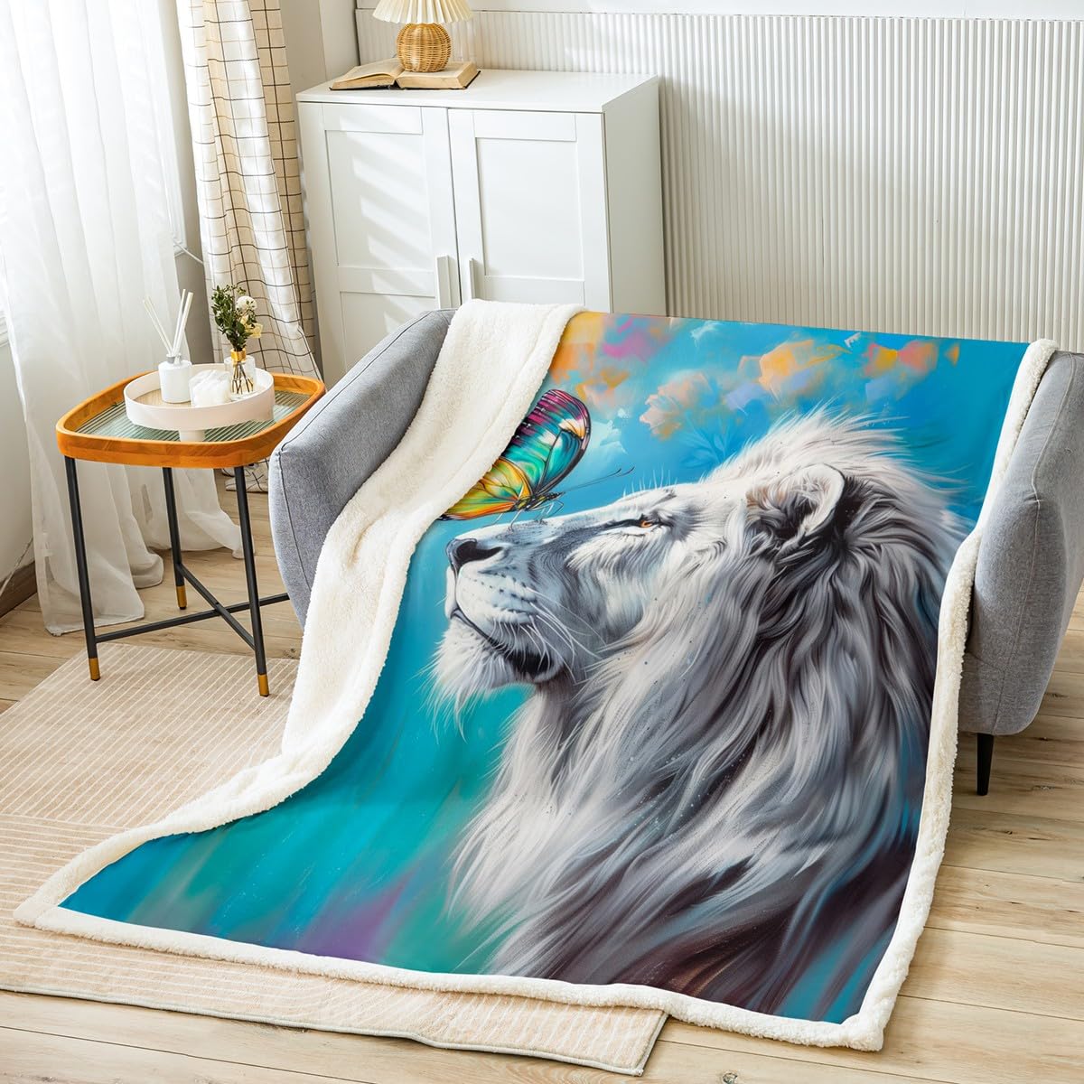 3D Lion Bed Blanket Kids Girls Butterfly Sherpa Blanket Soft Cozy Lightweight Wild Animal Plush Fleece Oil Painting Blanket Gifts for Bed Chair Office Sofa(Throw 50"x60")