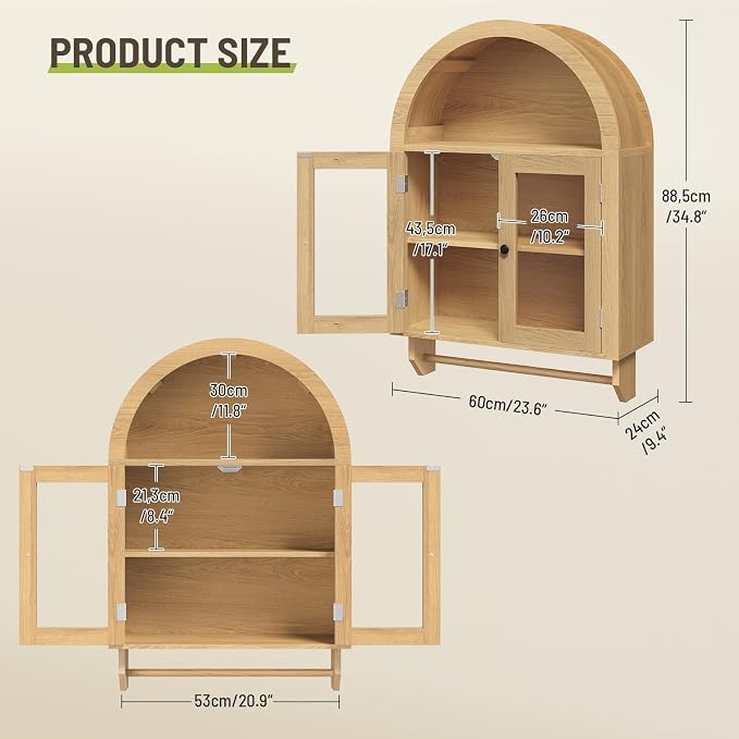Armario de baño mural arqueado, natural | Armario de almacenamiento mural con barra para toallas, armario de medicamentos de madera con puertas de vidrio y estante ajustable, sobre el inodoro miniatura 2