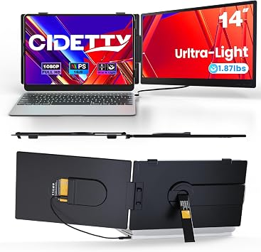 CIDETTY Laptop Screen Extender 0.25" Ultra Thin 14" Dual Portable Monitor FHD 1080P IPS USB-C HDMI Plug and Play Travel Screen for 13-17" Laptops Wins/Mac/Chrome/Switch/Android