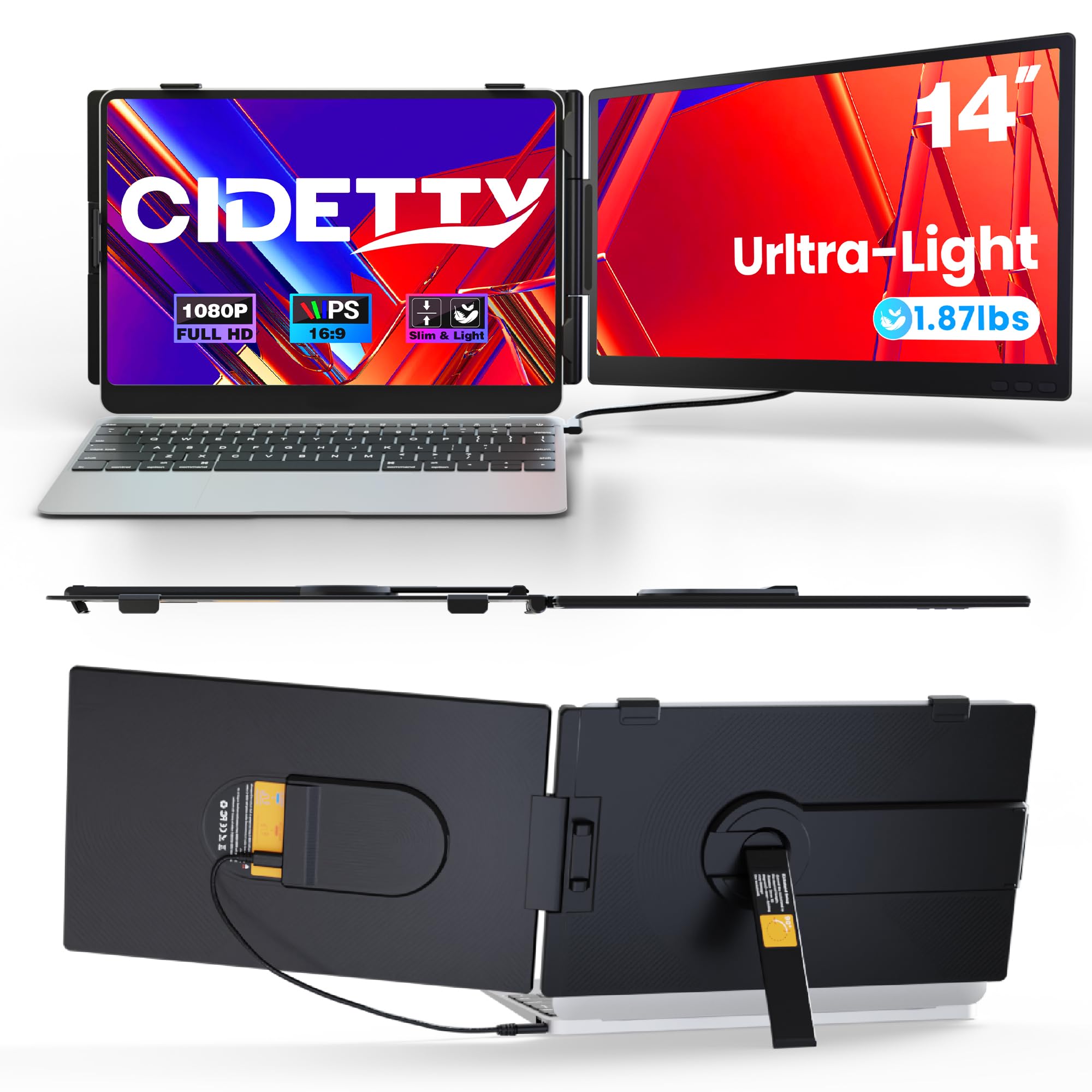 CIDETTY Laptop Screen Extender 0.27" Ultra-Thin, 14" Dual Portable Monitor FHD 1080P IPS, USB-C/HDMI Plug & Play Travel Screen for 13-17" Laptops,