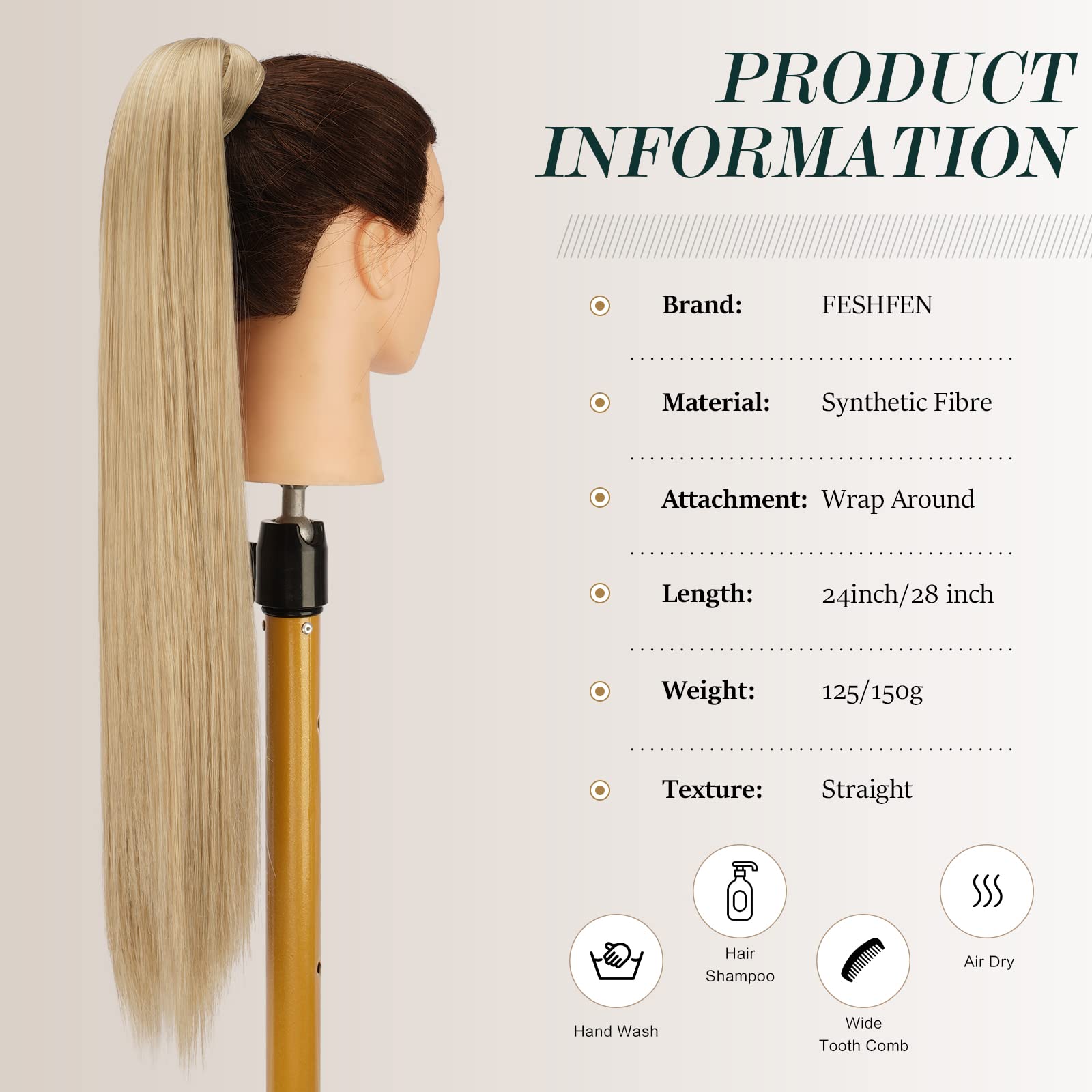 FESHFEN Straight Ponytail Extensions Long Wrap Around Ponytail Synthetic Clip in Pony Tail Hair Extensions Dark Brown Hairpiece for Women 24 inch - Image 4