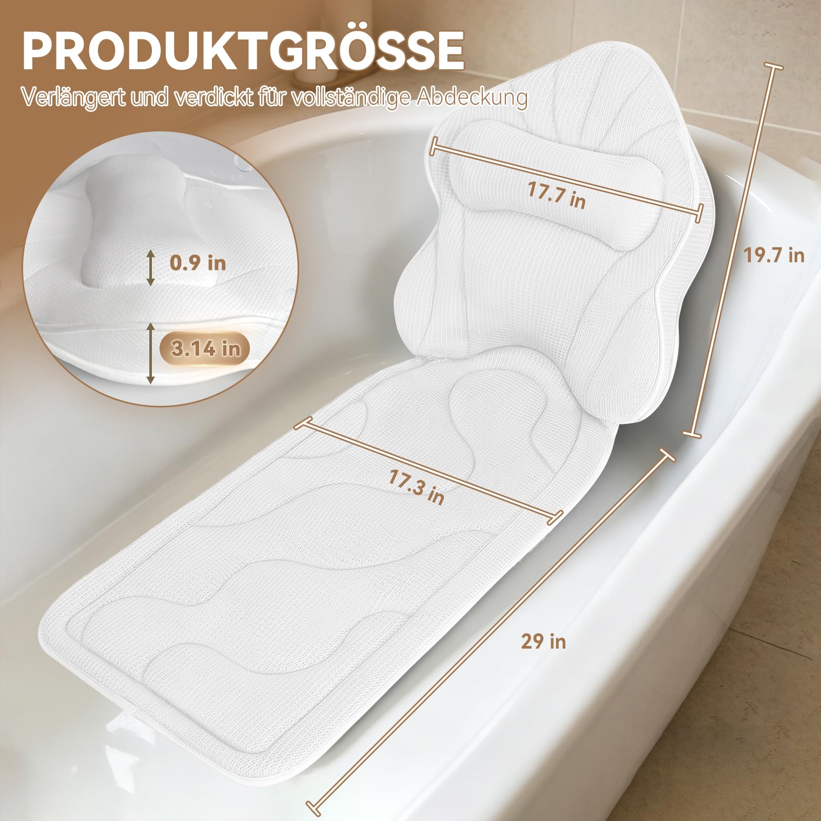 Poemland Luksusowa gruba poduszka do wanny na całe ciało, mata i poduszka do wanny, zagłówka, szyi, ramion, komfortowa relaksacja, akcesoria spa, idealna do zanurzenia w wannie (biała)