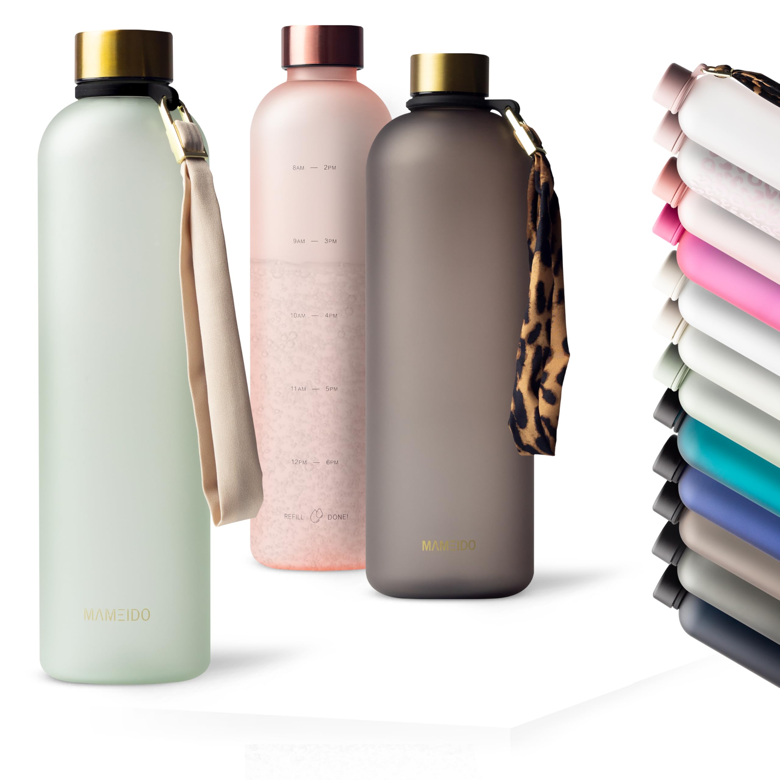 MAMEIDO Trinkflasche mit Zeitmarkierung 1 l Kohlensäure geeignet, auslaufsichere Water Bottle, Wasserflasche BPA frei für Sport, Gym & Büro (Desert Sage Gold)