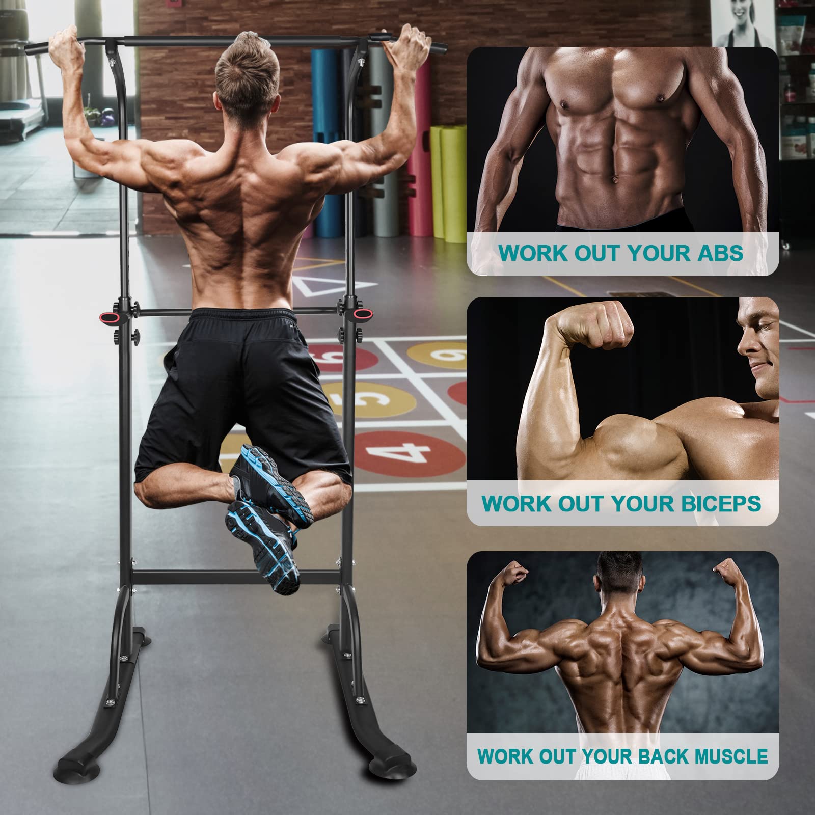 Power Tower Pull Up Bar Dip Station, Free Standing Pull Up Rack Dip Station for Home Gym, Height Adjustable Height Heavy Duty Multi-Function Home Strength Training Fitness Workout Equipment