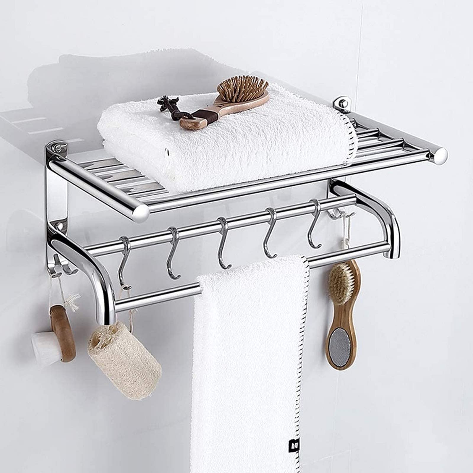 GONMDOPY Towel Rail,Bathroom Shelf Stainless Steel Bath Towel Rack Wall-Hung Bathroom Hardware Hanging Hotel Rack Shelf for Kitchen or Bathroom with Hooks/50Cm
