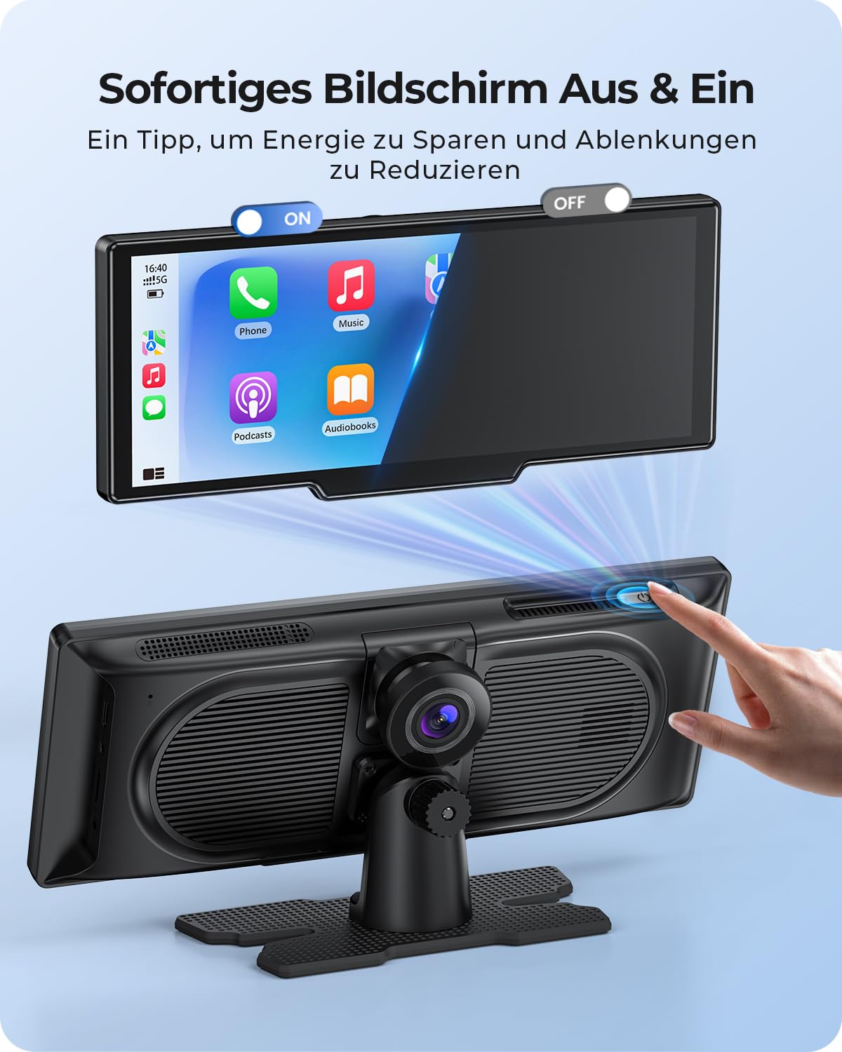 9,26" Drahtloses Tragbarer Car Play Display mit 4K-Front- & HD-Rückfahr-Dual-Dashcam für Apple CarPlay & Android Auto mit OTA-Updates, Mirror Link, Bluetooth 5.0, Sprachsteuerung, GPS, FM