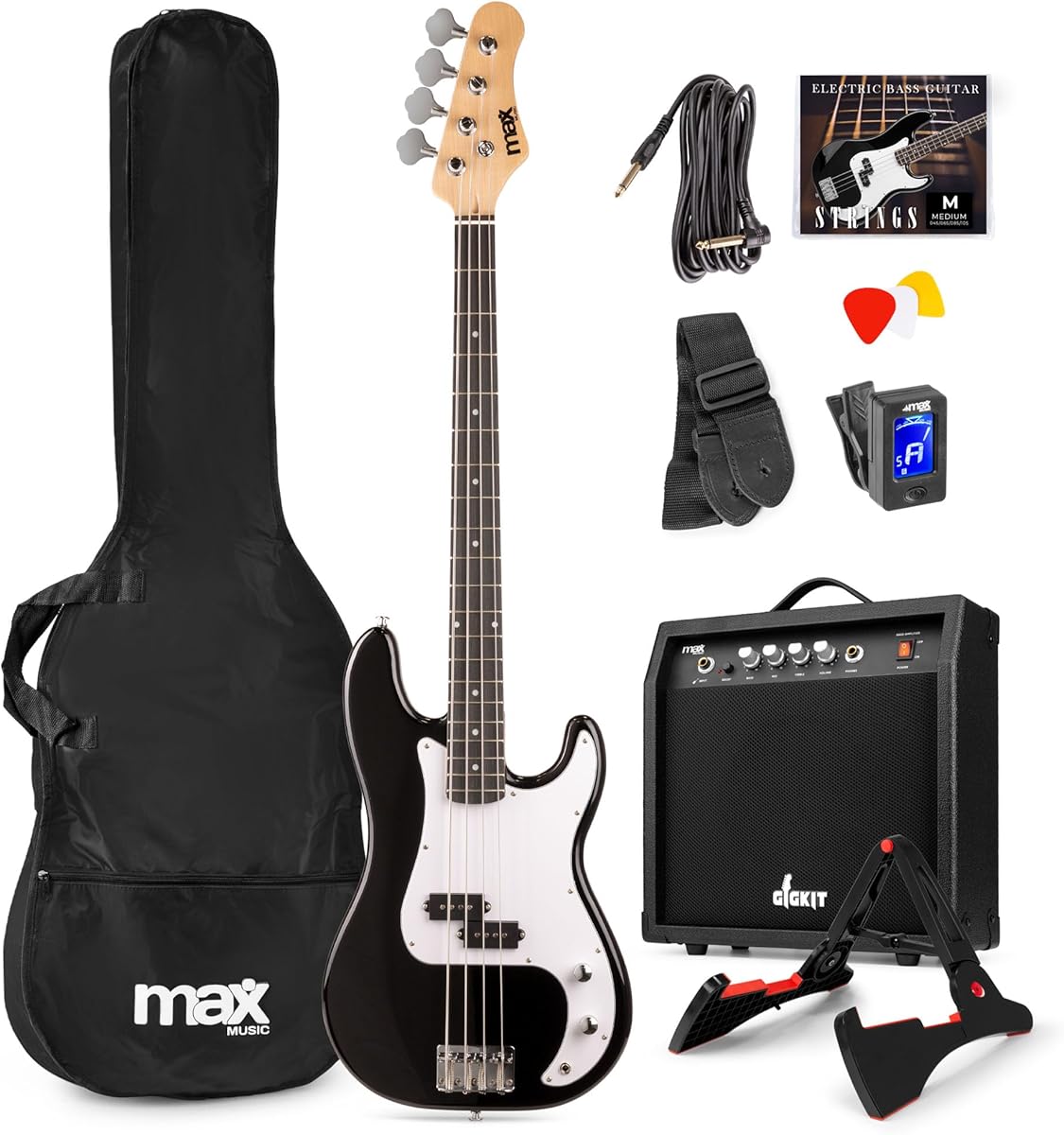 Max GigKit - Pack completo de bajo eléctrico negro con amplificador de 40W, funda, soporte, afinador, cuerdas y cable incluidos, ideal para principiantes, ensayos en casa o estudio