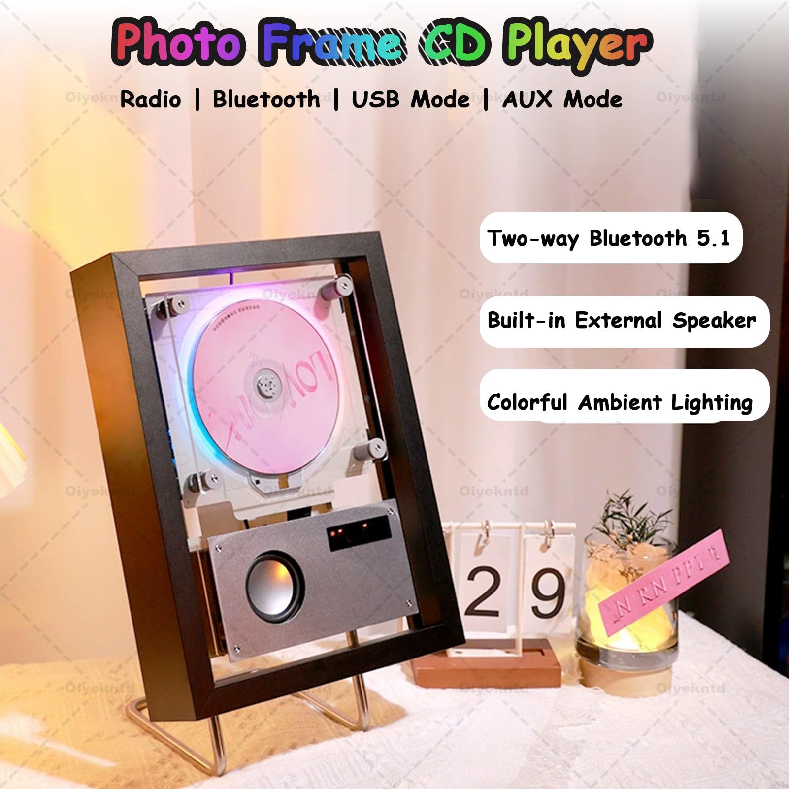 Lettore CD musicale montabile a parete con Bluetooth, USB, uscita AUX, telecomando, altoparlanti e 6 luci per la decorazione di casa e corridoio