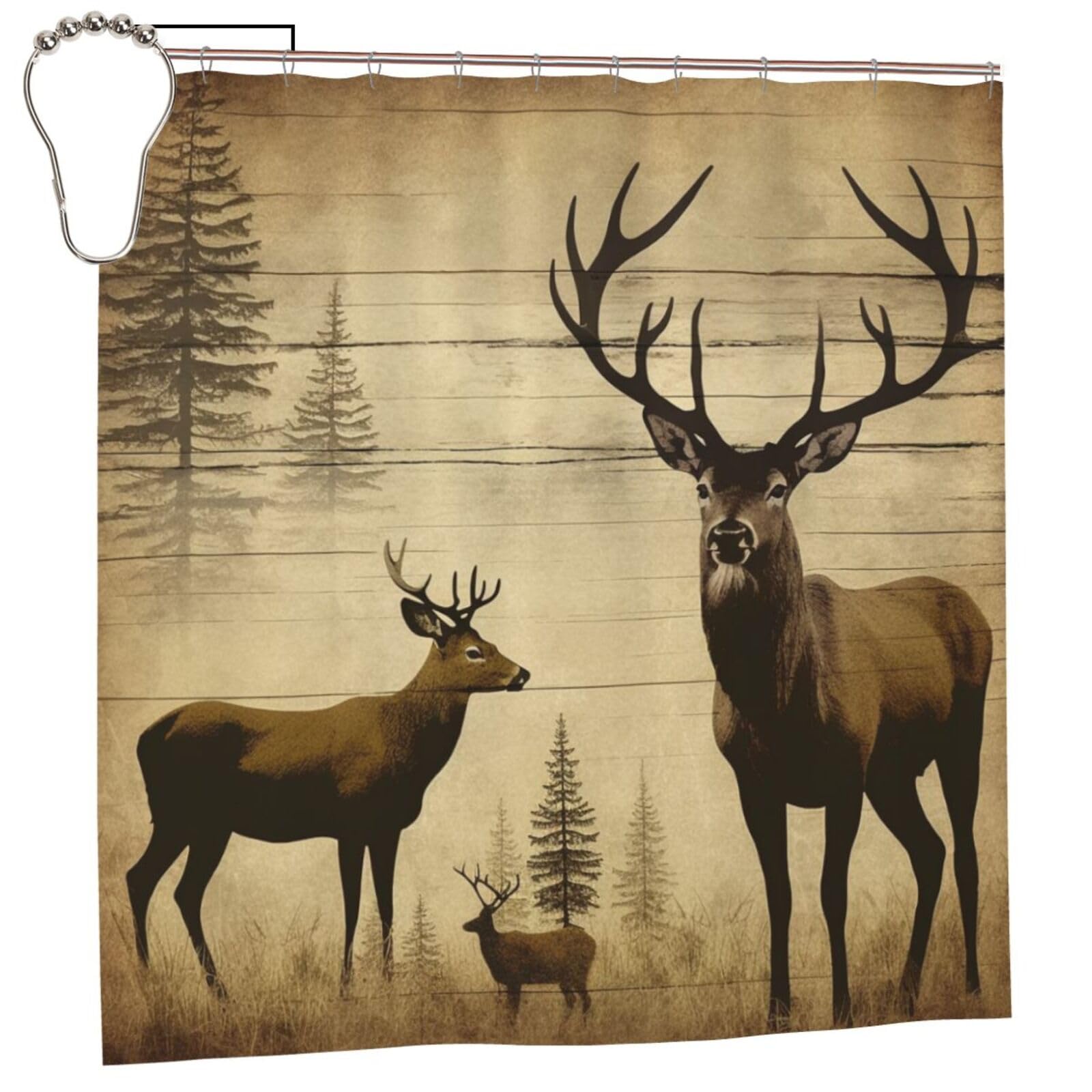 BWWHCCTI Rustic Deer Printed Shower Curtain With 12 Iron Hooks Opaque Quick Drying Waterproof Shower Curtains Sets For Bathroom 183x183 CM