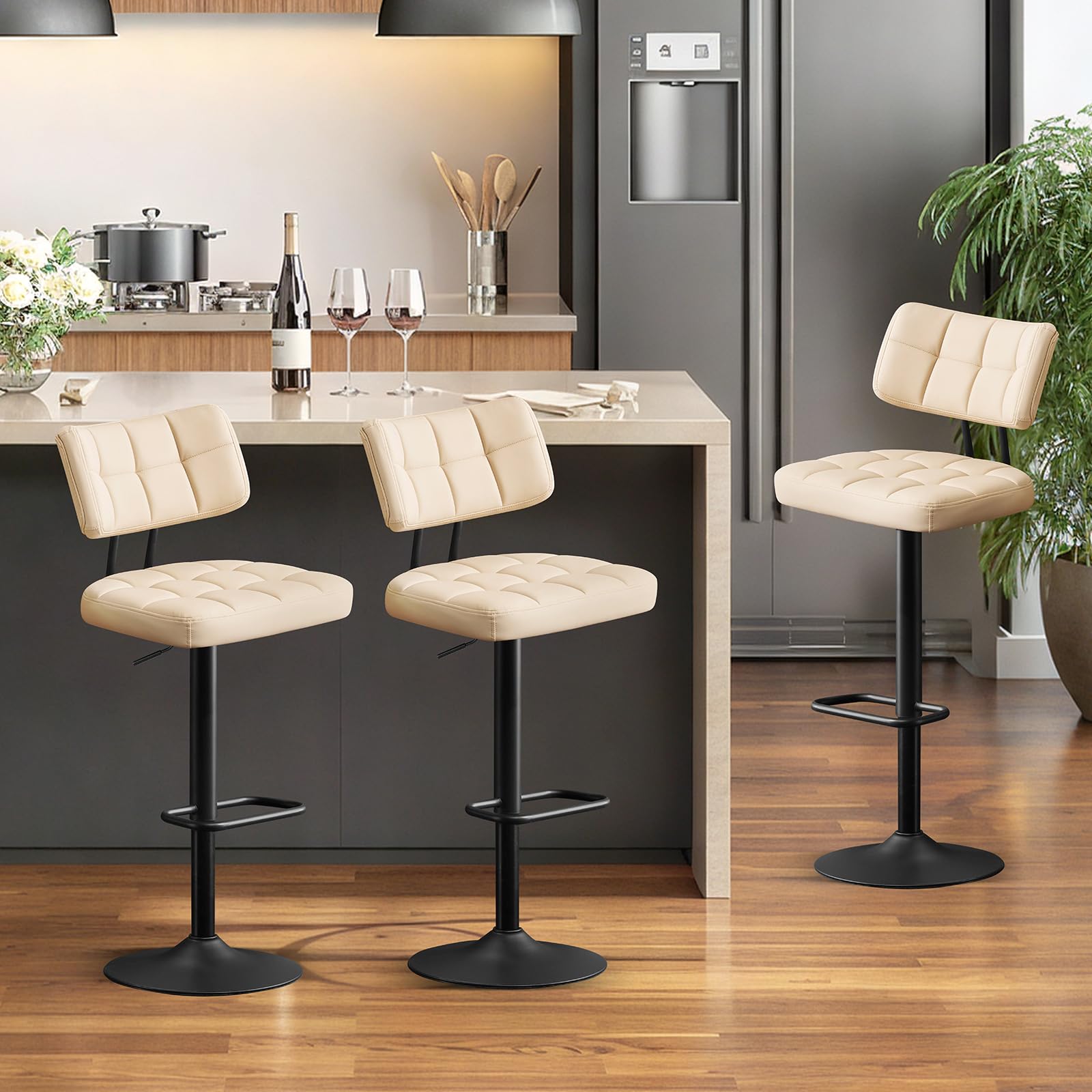 Furniliving Modern Bar Stools Set of 3 Faux Leather, Upholstered Swivel Barstools with Back, Adjustable Bar Chairs Counter Height for Kitchen Island,