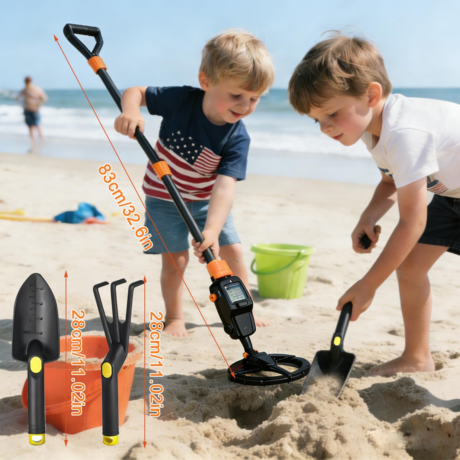 Metal Detector per Bambini, Display LCD e Indicatore Acustico, Ad Alta Sensibilità, con Pala, Rastrello e Borsa, per Regalo Principianti E Bambino