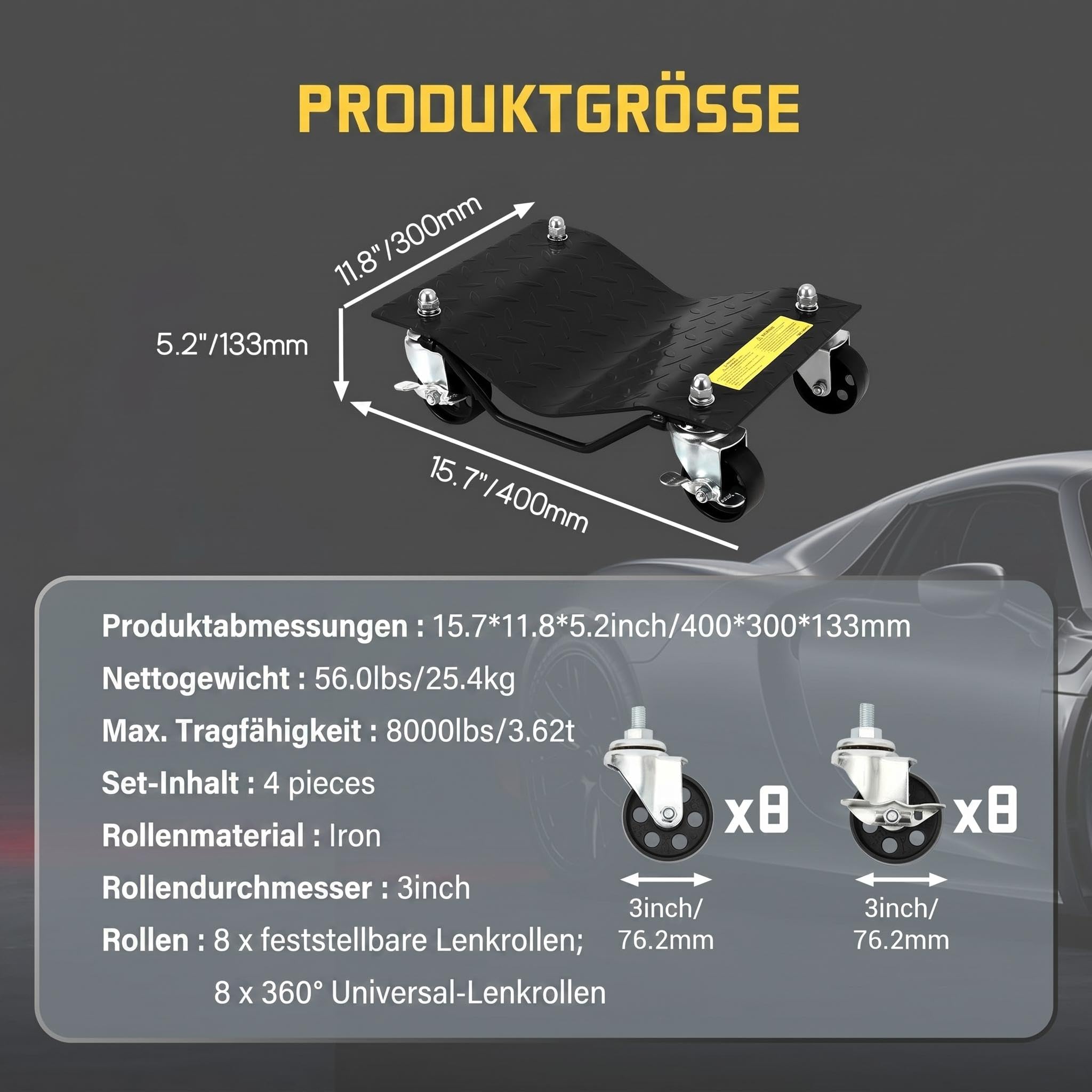 4 Stück Rangierhilfe Set bis 3600 kg Belastbar, Rangierroller aus Stahl, Wagenheber mit 360°-Lenkrollen und Feststellbremsen, rutschfeste Oberfläche, Rangierheber für PKWs Autos LKWs