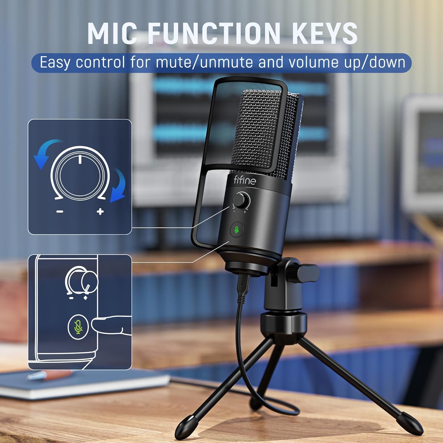 FIFINE Microfono USB per podcast, microfono a condensatore per PC Plug & Play, kit microfono con braccio a braccio, diaframma grande da 16 mm, pulsante mute per registrazione canto, streaming, YouTube