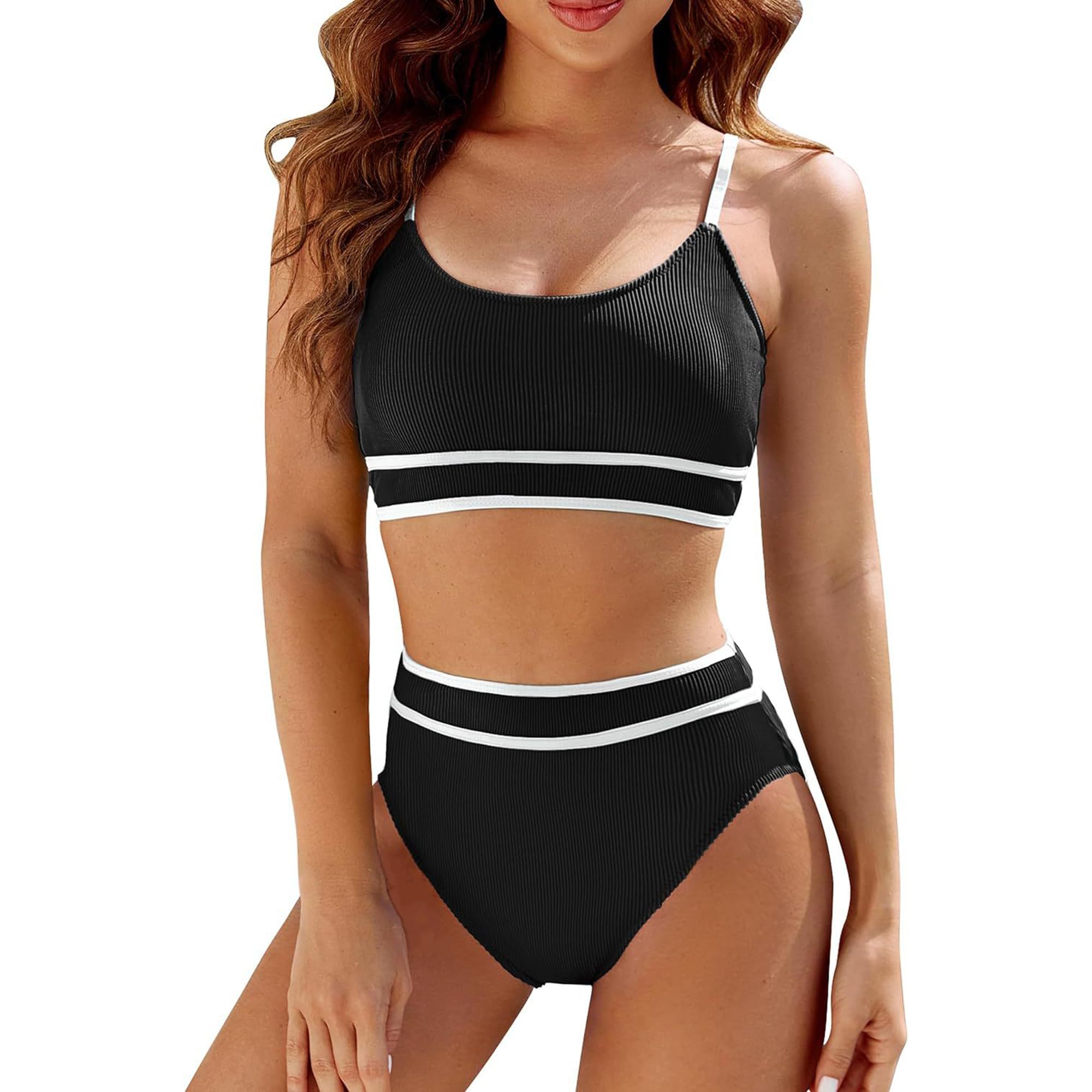 Bcenoilua Bikini para Mujer 2 Piezas Bikinis Aacanalado Top con Relleno Biquini de Cintura Alta Braguitas Sexy Sólido Push Up Basic BañAdores Beachwear Vacaciones SPA