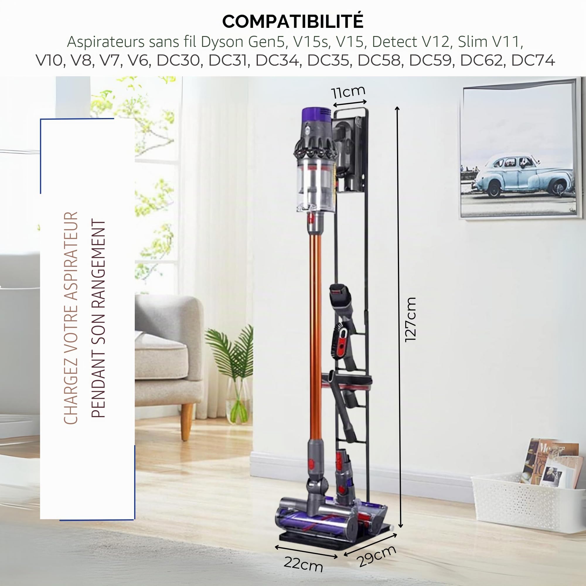 MAGIC SELECT Porte-Aspirateur compatible avec Dyson V15 V12 V11 V10 V8 V7 V6 - DC45/ DC35/ DC58/ DC59/ DC62/ DC74-Organisateur de Rangement au Sol avec Roues sans Percer le Mur.