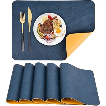 Washable Place Mats Set of 6 Double-Sided Leather Look Place Mats Faux Leather Place Mats Washable Waterproof Place Mats Washable Non-Slip for Kitchen 43   30 cm Blue/Yellow