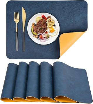PU Leather Placemats 17 12" Washable Dual Sided Table Mats Set of 6 | Heat Resistant Place Mats for Table Waterproof Table Placemats Set of 6 for Dining Table Hotel Restaurant 43 30cm Blue/Yellow