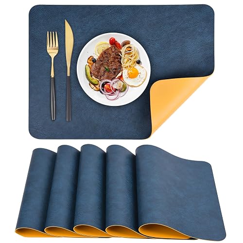 APLKER PU Leather Placemats Set of 6 Table Mats Heat Resistant Dual Sided Place Mats, Waterproof Wipeable Dining Table Placemats for Home Party Outdoor,15.8 x 11.8 inches - Navy/Yellow - Navy/Yellow - 15.8" x 11.8"