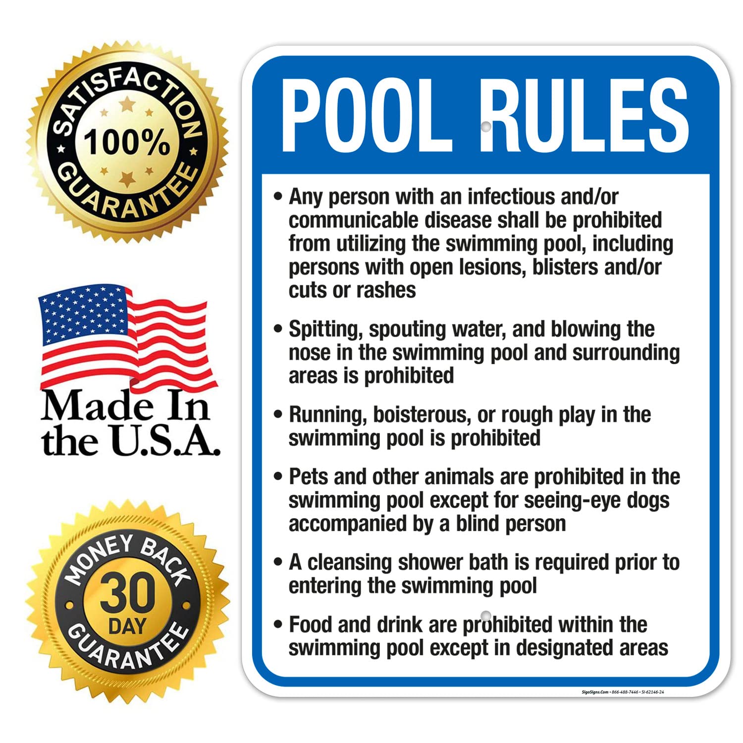 Rhode Island Pool Rules Sign, Complies with State of Rhode Island Pool Safety Code, 18x24 Inches, 55 mil Thick HDPS (High Density Polystyrene), Made in USA