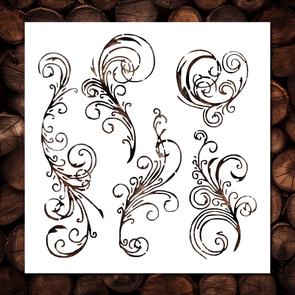 10"x 10" Flower Acanthus Leaf Scroll Stencil Template - Reusable Floral Fancy Flowers Stencils for Painting on Wood, Glass, Wall Rock, Walls, Canvas,