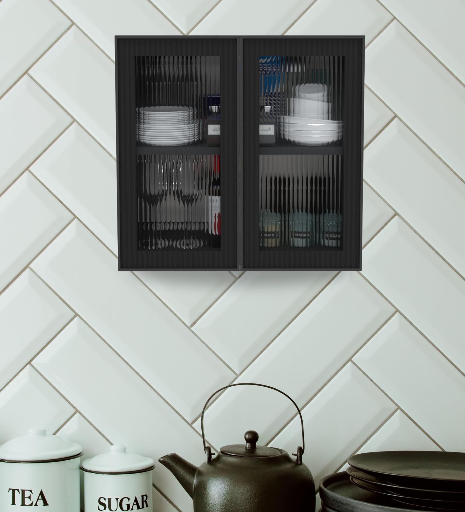 SPECIALITY PANELS Aluminium Black Profile 2 Door Wall Cabinet | Fluted Glass Handless Shutters | Wall Mounted Kitchen Storage Cupboard | Space Saving Multipurpose Storage Unit (Slate Grey Finish)-picture-14