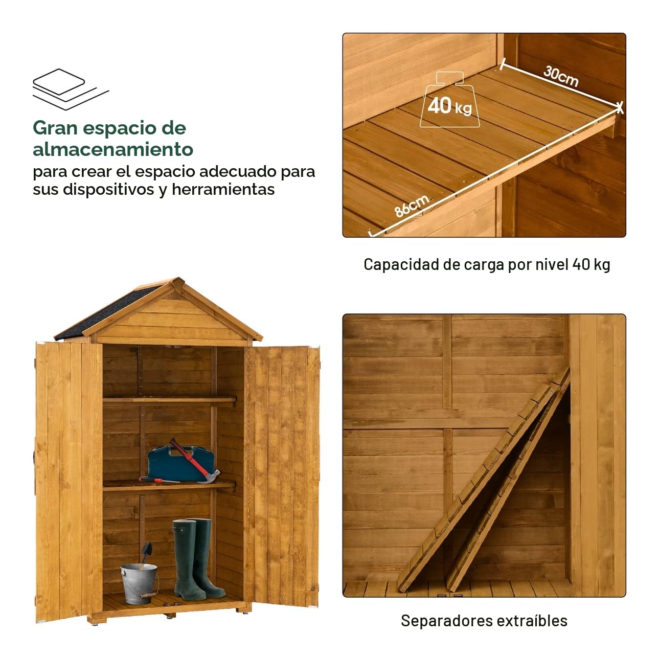 M MCombo Armario de jardín para herramientas, caja exterior de madera resistente al agua, gris/natural, 1000D, 48 x 90 x 178 cm