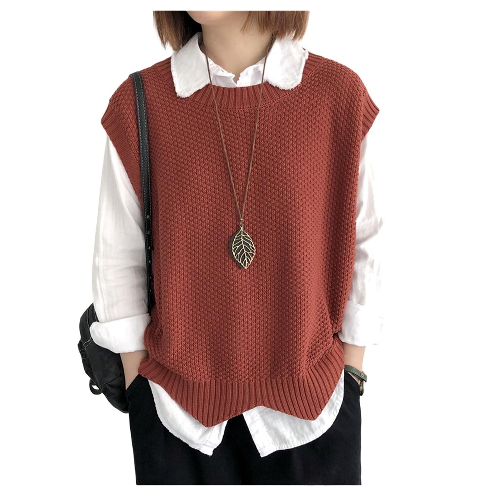 Chejooe Unisex Jujube Red Women's Knitted Vest Knitwear Sweater Vest Knit Jumper Loose Round Neck Sleeveless Jumpers Tank Top (Color : Size : M)