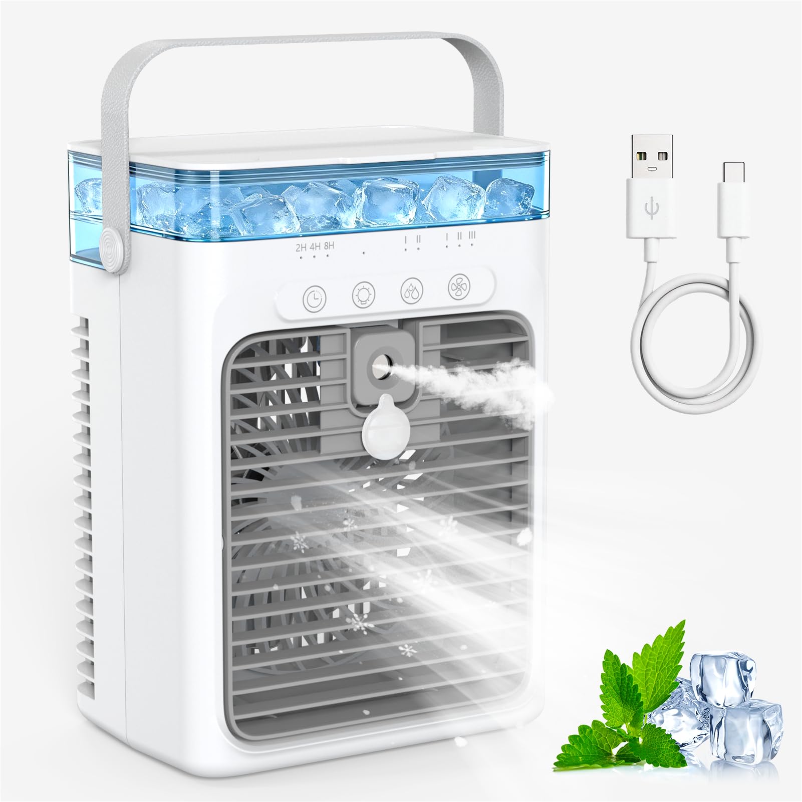 MYFTNP 3-speed Small Ac Fan, Portable Air Conditioner, 8h Auto-off, Mini Air Conditioner, Mobile Air Conditioners, Personal Evaporative Air Cooler, For Car, Camping, Bedroom, Office
