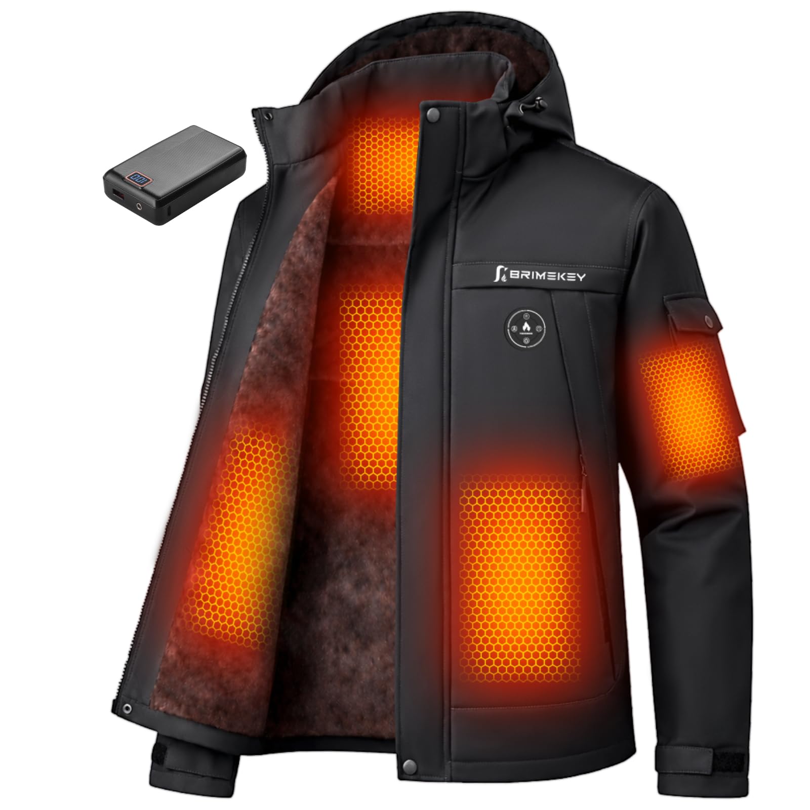 Grafeno Chaqueta Calefactable Hombre con Forro de Felpa, Batería 20000mAh 7.4V Pantalla HD, 6 Zonas de Calor Ajustables y 3 Niveles de Temperatura, Impermeable y Resistente al Viento