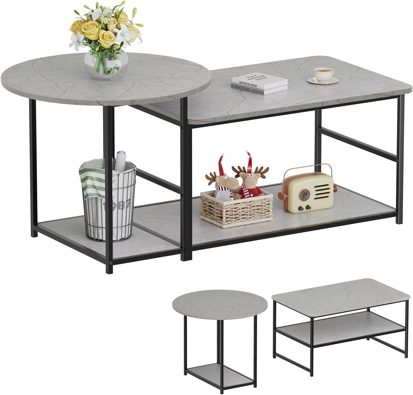 WOHOMO Coffee Table, Modern Style Coffee Tables for Living Room Marble Center Table with Storage 2 in 1 Detachable Nesting Table Set, Grey Marble