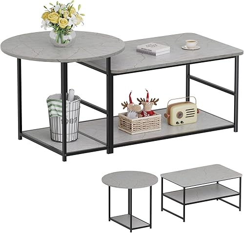 Miniatura 8 de WOHOMO Mesa auxiliar, mesas de centro modernas negras para sala de estar, juego de mesa central pequeña desmontable con almacenamiento, mármol negro