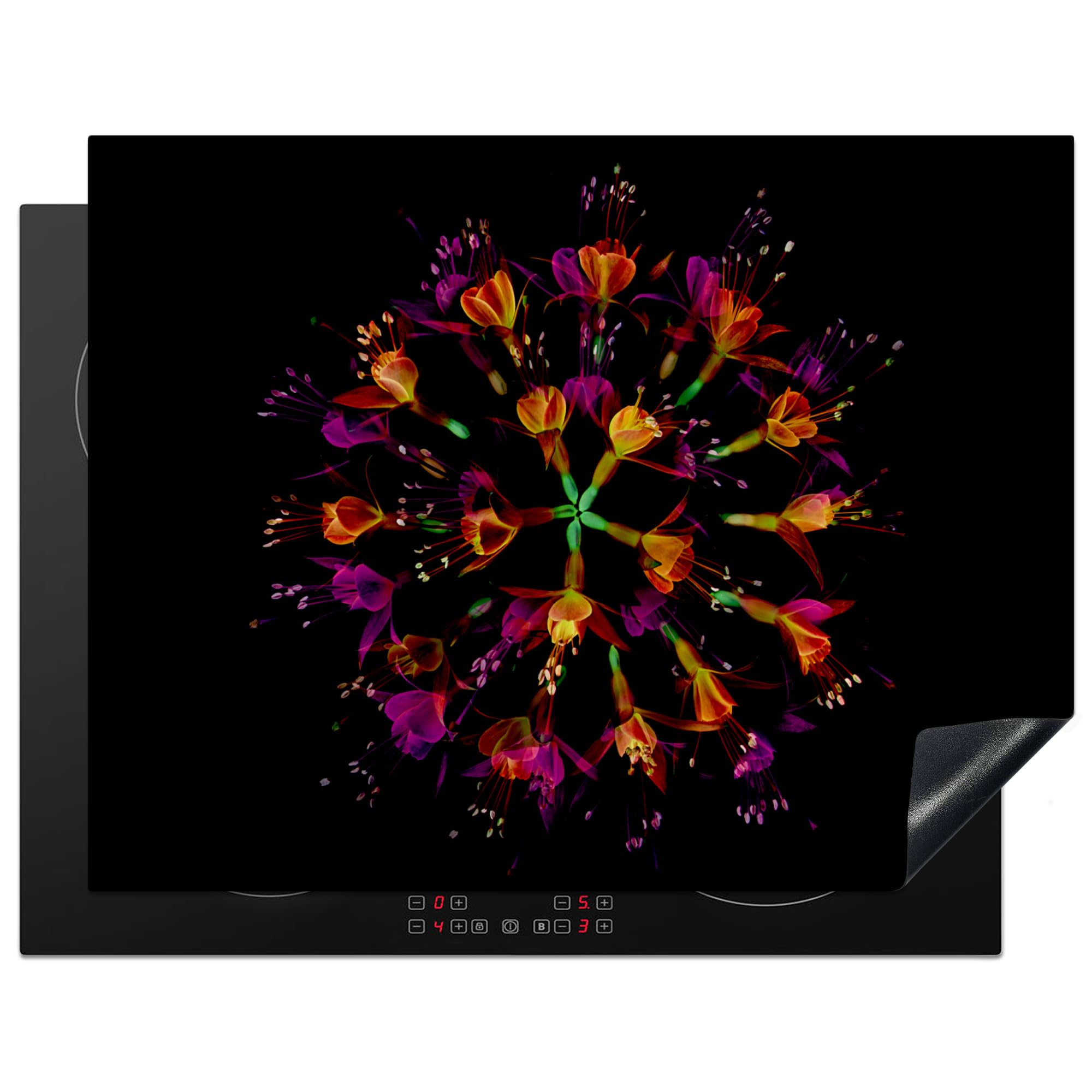 KitchenYeah© Induction Hob Cover Protector Mat 23.2"x30.3" / 77x59 cm Kitchen Universal Ceramic Covers for Electric Cookers Vinyl Flowers - Orange - Pink - Black